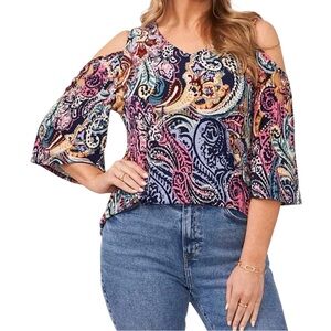 Vince Camuto Multicolor Paisley-Print Cold Shoulder Bell Sleeve Blouse Size L